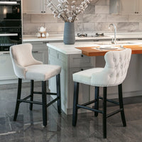 2x Velvet Upholstered Button Tufted Bar Stools with Wood Legs and Studs-Beige bar stools Kings Warehouse
