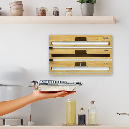 3 Grids Bamboo Food Wrap Dispenser Cutter Foil Cling Film Storage Holder Box Kitchen Home & Garden Kings Warehouse