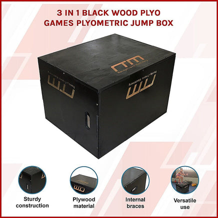 3 IN 1 Black Wood Plyo Games Plyometric Jump Box Sports & Fitness Kings Warehouse