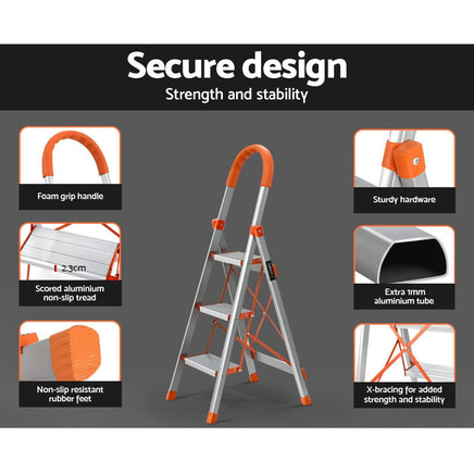 3 Step Ladder Multi-Purpose Folding Aluminium Light Weight Non Slip Platform Kings Warehouse