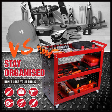 3-Tier Heavy Duty Steel Tool Trolley - Workshop Cart with Pegboard, Hooks and Locking Swivel Casters Tools Kings Warehouse