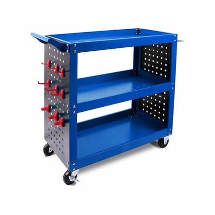 3-Tier Heavy Duty Steel Tool Trolley - Workshop Cart with Pegboard, Hooks and Locking Swivel Casters Tools Kings Warehouse