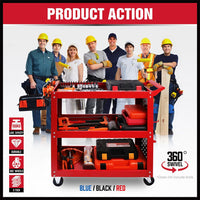 3-Tier Heavy Duty Steel Tool Trolley - Workshop Cart with Pegboard, Hooks and Locking Swivel Casters Tools Kings Warehouse