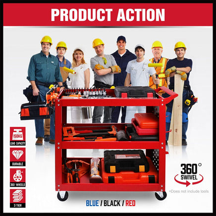 3-Tier Heavy Duty Steel Tool Trolley - Workshop Cart with Pegboard, Hooks and Locking Swivel Casters Tools Kings Warehouse