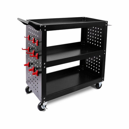 3-Tier Heavy Duty Steel Tool Trolley - Workshop Cart with Pegboard, Hooks and Locking Swivel Casters Tools Kings Warehouse