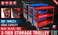 3-Tier Heavy Duty Steel Tool Trolley - Workshop Cart with Pegboard, Hooks and Locking Swivel Casters Tools Kings Warehouse
