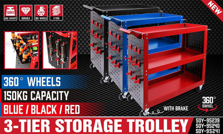 3-Tier Heavy Duty Steel Tool Trolley - Workshop Cart with Pegboard, Hooks and Locking Swivel Casters Tools Kings Warehouse