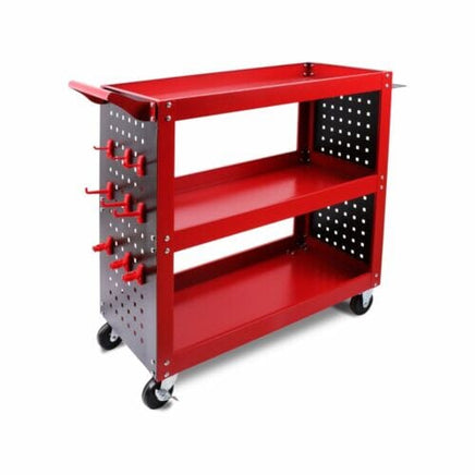3-Tier Heavy Duty Steel Tool Trolley - Workshop Cart with Pegboard, Hooks and Locking Swivel Casters Tools Kings Warehouse