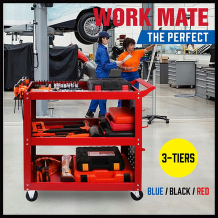 3-Tier Heavy Duty Steel Tool Trolley - Workshop Cart with Pegboard, Hooks and Locking Swivel Casters Tools Kings Warehouse