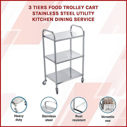 3 Tiers Food Trolley Cart Stainless Steel Utility Kitchen Dining Service Home & Garden KingsWarehouse