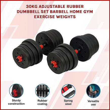 30kg Adjustable Rubber Dumbbell Set Barbell Home GYM Exercise Weights Sports & Fitness Kings Warehouse