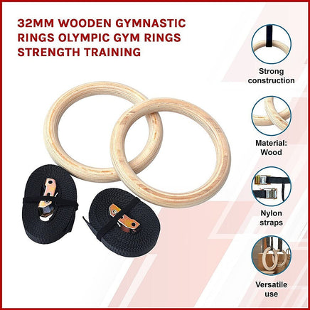 32mm Wooden Gymnastic Rings Olympic Gym Rings Strength Training Sports & Fitness Kings Warehouse