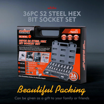 36-Piece Hex Bit Socket Set, SAE and Metric Sizes, S2 Steel Hex Bits, Chrome Vanadium Steel Sockets and Adapters with Storage Case Tools Kings Warehouse