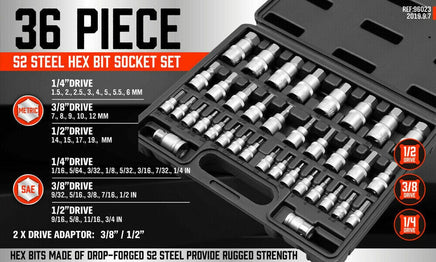 36-Piece Hex Bit Socket Set, SAE and Metric Sizes, S2 Steel Hex Bits, Chrome Vanadium Steel Sockets and Adapters with Storage Case Tools Kings Warehouse