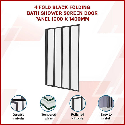 4 Fold Black Folding Bath Shower Screen Door Panel 1000 x 1400mm Furniture Kings Warehouse