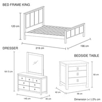 4 Pieces Bedroom Suite with Solid Acacia Wood Veneered Construction in King Size White Ash Colour Bed, Bedside Table & Dresser Kings Warehouse 