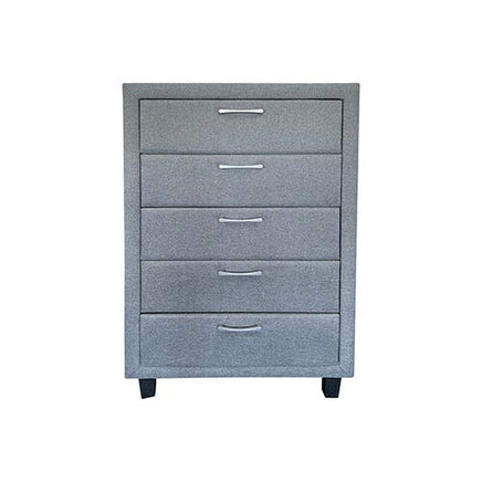 4 Pieces Storage Bedroom Suite Upholstery Fabric in Light Grey with Base Drawers Queen Size Oak Colour Bed, Bedside Table & Tallboy Furniture Kings Warehouse