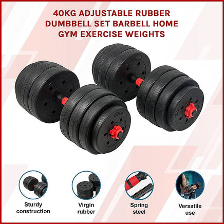 40kg Adjustable Rubber Dumbbell Set Barbell Home GYM Exercise Weights Sports & Fitness Kings Warehouse