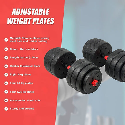40kg Adjustable Rubber Dumbbell Set Barbell Home GYM Exercise Weights Sports & Fitness Kings Warehouse