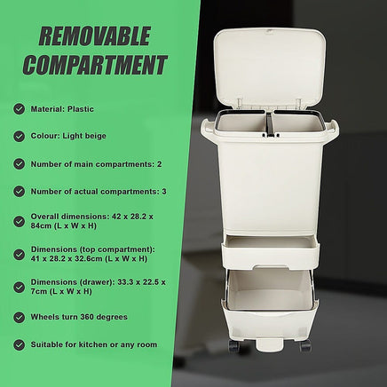 42L Rubbish Bin Waste Trash Can Pedal Recycling Kitchen Wheel 2 Compartment Home & Garden Kings Warehouse