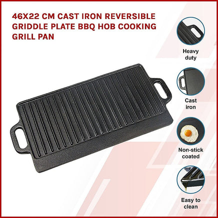 46x22 cm Cast Iron Reversible Griddle Plate BBQ Hob Cooking Grill Pan Home & Garden Kings Warehouse