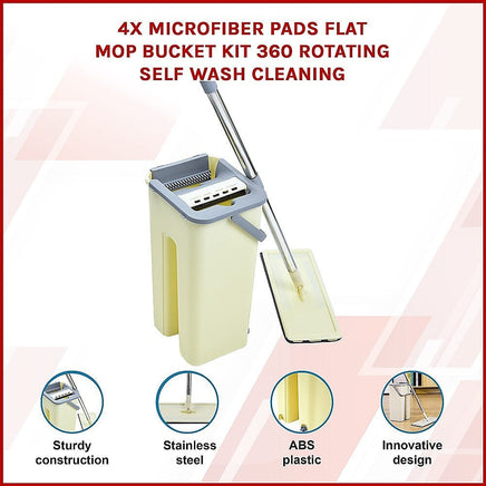 4x Microfiber Pads Flat Mop Bucket Kit 360 Rotating Self Wash Cleaning Commercial Kings Warehouse