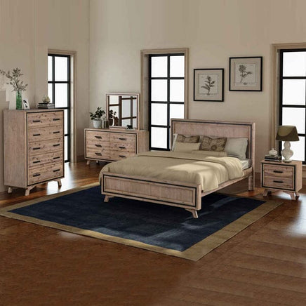 5 Pieces Bedroom Suite King Size Silver Brush in Acacia Wood Construction Bed, Bedside Table, Tallboy & Dresser Furniture Kings Warehouse