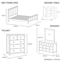 5 Pieces Bedroom Suite with Solid Acacia Wood Veneered Construction in King Size White Ash Colour Bed, Bedside Table , Tallboy & Dresser Kings Warehouse 
