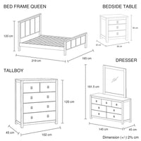 5 Pieces Bedroom Suite with Solid Acacia Wood Veneered Construction in Queen Size White Ash Colour Bed, Bedside Table , Tallboy & Dresser Kings Warehouse 
