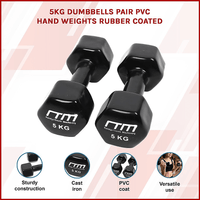 5kg Dumbbells Pair PVC Hand Weights Rubber Coated Sports & Fitness Kings Warehouse