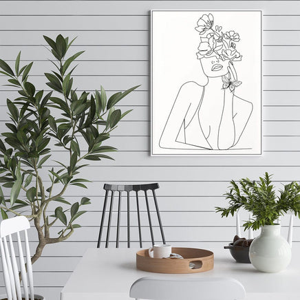 60cmx90cm Line Art Girl White Frame Canvas Wall Art Kings Warehouse