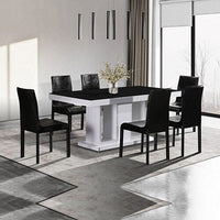 7 Pieces Dining Suite Dining Table & 6X Black Chairs in Rectangular Shape High Glossy MDF Wooden Base Combination of Black & White Colour Furniture Kings Warehouse