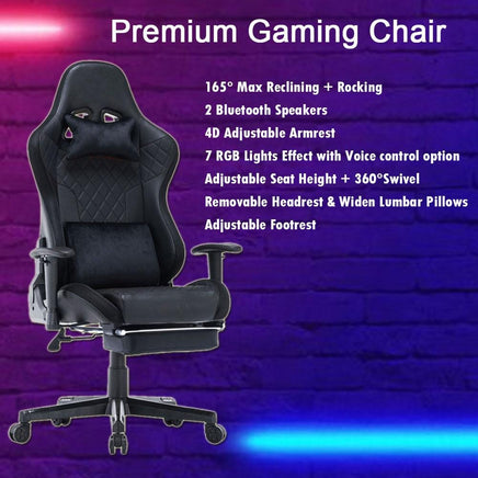 7 RGB Lights Bluetooth Speaker Gaming Chair Ergonomic Racing chair 165° Reclining Gaming Seat 4D Armrest Footrest Black Furniture Kings Warehouse