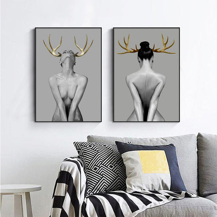 70cmx100cm Girl With Gold Horn 2 Sets Black Frame Canvas Wall Art Kings Warehouse