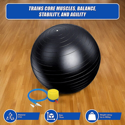 75cm Static Strength Exercise Stability Ball with Pump Sports & Fitness Kings Warehouse