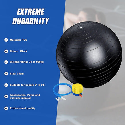 75cm Static Strength Exercise Stability Ball with Pump Sports & Fitness Kings Warehouse