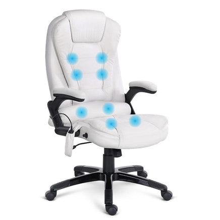 8 Point Massage Office Chair Heated Seat Recliner PU White Furniture Kings Warehouse