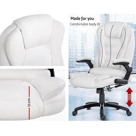 8 Point Massage Office Chair Heated Seat Recliner PU White Furniture Kings Warehouse