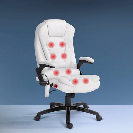 8 Point Massage Office Chair Heated Seat Recliner PU White Furniture Kings Warehouse