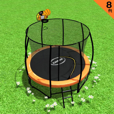8ft Outdoor Orange Trampoline For Kids And Children Suited For Fitness Exercise Gymnastics With Safety Enclosure Basketball Hoop Set Sports & Fitness Kings Warehouse