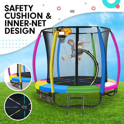 8ft Outdoor Trampoline Kids Children With Safety Enclosure Mat Pad Net Ladder Basketball Hoop Set - Rainbow Sports & Fitness Kings Warehouse