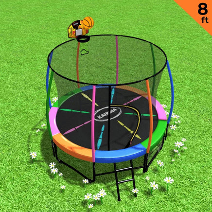 8ft Outdoor Trampoline Kids Children With Safety Enclosure Mat Pad Net Ladder Basketball Hoop Set - Rainbow Sports & Fitness Kings Warehouse