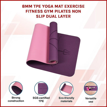 8mm TPE Yoga Mat Exercise Fitness Gym Pilates Non Slip Dual Layer Sports & Fitness Kings Warehouse