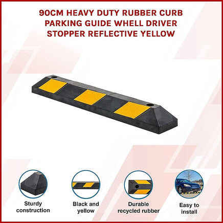 90cm Heavy Duty Rubber Curb Parking Guide Wheel Driveway Stopper Reflective Yellow Tools Kings Warehouse