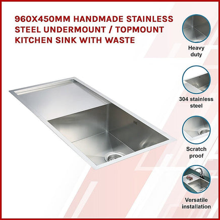 960x450mm Handmade Stainless Steel Undermount / Topmount Kitchen Sink with Waste Furniture Kings Warehouse