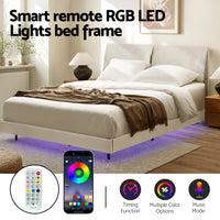 Artiss Queen Bed Frame RGB LED Floating Beds Adjustable Headboard Beige White