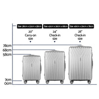 Wanderlite 3 Set Luggage 20-24-28 Inch Suitcase with TSA Lock Carry On Hard Shell Travel Luggage Organiser Case Silver