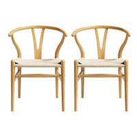 1 Set of 2 Dining Chairs Wooden Rattan Seat Wishbone Back