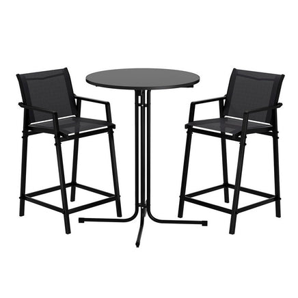 Gardeon 3PC Outdoor Bar Set Stools Dining Chairs Table Patio Furniture Bistro Set Steel Black