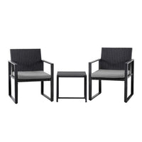 Gardeon 3PC Outdoor Bistro Set Patio Furniture Wicker Dining Chairs Table Cushion Black